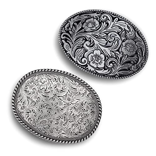 ycunowon Western Cowboy belt buckle,Antique Engraved Flower Solid Metal Belt Buckles for Men Women (Silver)