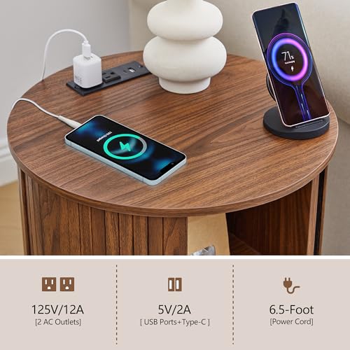 Image of 18 inch Fluted Round Nightstand with Charging Station,Mid Century Small Round Bed Side Table with Storage for Living Room, Walnut Color Wood End Table with Silding Door for Bedroom (1Pcs, Walnut))