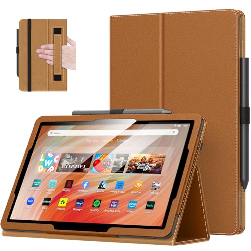 Image of MoKo Case Fits Amazon Kindle Fire HD 10 Tablet(13th /11th Gen) 10.1 inch,Brown | Slim Folding Stand Cover for 10.1 inch Fire HD 10 /10 Plus Tablet , 2023 /2021, Auto Wake /Sleep, Hand Strap, Dual Angle, Pen Loop