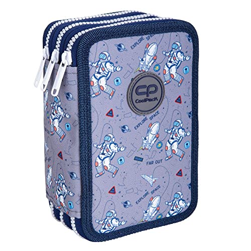 CoolPack XXL Federtasche, federmäppchen Junge, Federmappe Federmäppchen groß 44-teilig mit Aufnäher gefüllte Schüleretui 3-stöckig Motiv: Cosmic, E67541, Grau