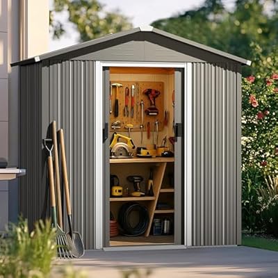 Nuu Garden 6 x 4 FT Outdoor Storage Shed with Sliding Doors, Galvanized Metal Garden Storage Shed with Sloping Roof, Rust-Resistant Backyard Tool Shed with Air Vents for Patio, Lawn, Gray