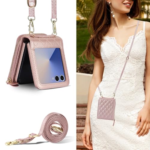 Konstreet for Samsung Galaxy Z Flip 7 Case with Card Holder with 8-Card Slots Wallet Case with Detachable Strap Crossbody Lanyard Soft PU Leather for Women- Rose Gold by Konstreet - Image 4