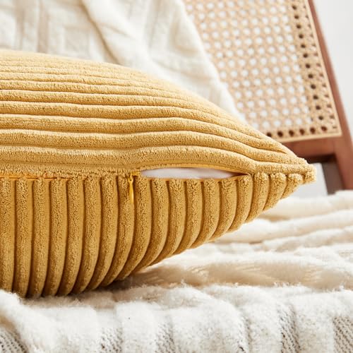 Image of Fancy Homi 2 Packs Gold Yellow Lumbar Decorative Throw Pillow Covers 14x24 Inch for Couch Bed Sofa, Rustic Farmhouse Boho Spring Home Decor, Soft Striped Corduroy Rectangle Accent Cushion Case 35x60cm