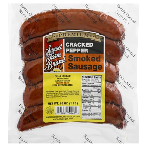 Sunset Farm Brand, Premium Cracked Pepper Smoked Sausage, 16 Ounce