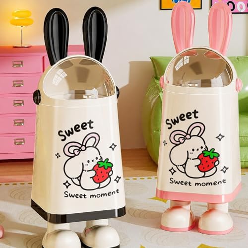 Image of Kriva Large Capacity Rabbit Ears Trash Bin | Double-layer Creative Cute Cartoon Plastic Garbage Can for Outdoor & Home Recycling Use | Waste Dustbin For Bathroom Storage (Pink, 1Pc)