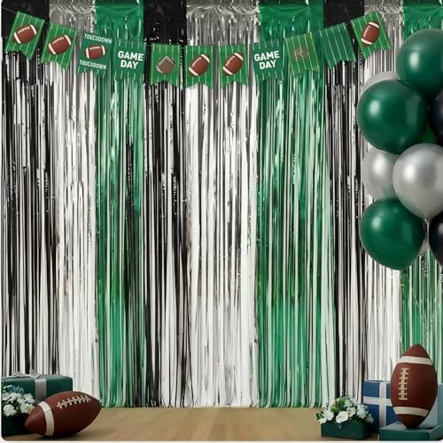 Batiyeer 2 Pack Eagles Football Party Decorations Photo Props 3.3x6.6 ft Football Foil Fringe Curtains Streamers Backdrop for Eagles Birthday Party Decorations