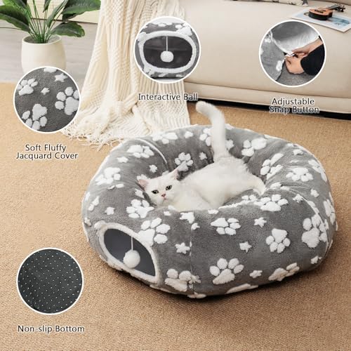 Image of Cat Tunnel for Indoor Cats, Cute Peekaboo Cave with Dangling Balls, Pet Donut Tunnel Bed with Circle Mat for Puppy Kitten Rabbit, Grey