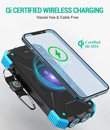 Blavor Solar Charger Power Bank, Qi Wireless Charger 10,000Mah External Battery Pack Type C Input Output Dual Super Bright Flashlight, Compass Carabiner, Solar Panel Charging (Light Blue) #TOP1