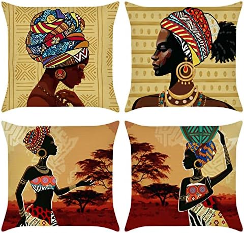 Bonhause African Women Cushion Covers 18 x 18 Inch Set of 4 Ethnic Tribal Black Girls Decorative Accent Throw Pillow Covers Polyester Linen Pillowcases for Sofa Couch Bed Home Decor, 45 x 45 cm