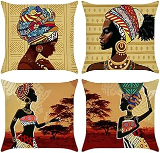 Bonhause African Women Cushion Covers 18 x 18 Inch Set of 4 Ethnic Tribal Black Girls Decorative Accent Throw Pillow Covers Polyester Linen Pillowcases for Sofa Couch Bed Home Decor, 45 x 45 cm