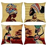 Bonhause 4er Set Kissenbezüge Afrikanische Frauen 45 x 45 cm Ethnisch Stammes Polyester Leinen Dekorative Kissenhülle Zierkissenbezüge für Sofa Schlafzimmer Wohnzimmer Auto Zuhause Dekoration