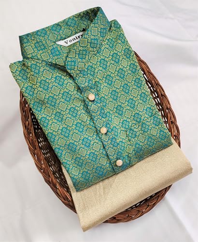Image of Men Regular Full Sleeve Silk Cotton Kurta with Golden Pajama Set