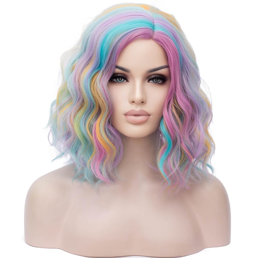 BERON Girls Rainbow Wig Short Curly Hair Wig for Women Multi-color Body Wave Wigs Colorful Bob Halloween Cosplay Party or Daily Use Wigs