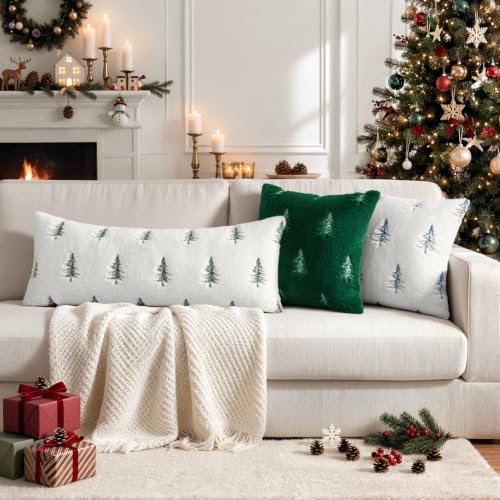 Image of MIULEE Christmas Lumbar Long Faux Fur Pillow Cover 14x36 Inch White Green