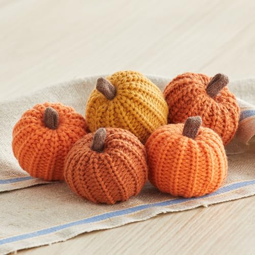 Image of Mini Knit Pumpkins, Orange, Set of 5 (Mini Knit Orange) | Bowl Fillers, Fall Tiered Tray Decor, Autumn Table Decorations, Halloween