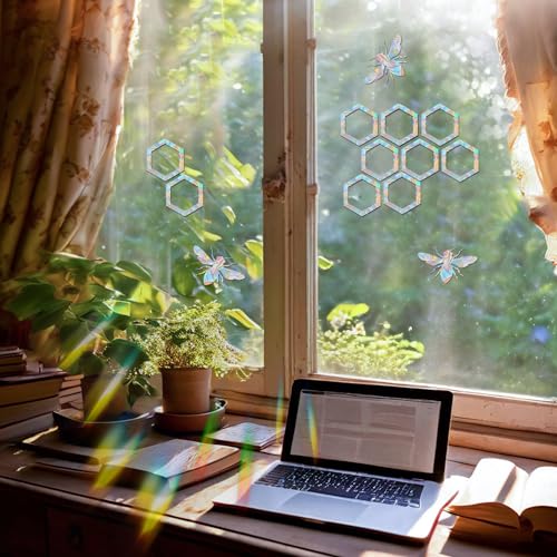Image of Window Clings for Birds - Anti-Collision Window Decals - Prismatic Non Adhesive Vinyl Rainbow Glass Stickers to Save Birds from Glass Strikes (Honeycomb, 51 Pieces)