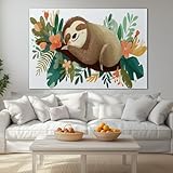 Genérico Cuadro en Lienzo con Marco Interno 90l x 60an cm Tropical Animal Perezoso Hojas, Impresión de Alta Definición Estilo Galería Beige para Salón y Oficina - Arte de Pared Moderno