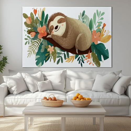Genérico Cuadro en Lienzo con Marco Interno 90l x 60an cm Tropical Animal Perezoso Hojas, Impresión de Alta Definición Estilo Galería Beige para Salón y Oficina - Arte de Pared Moderno