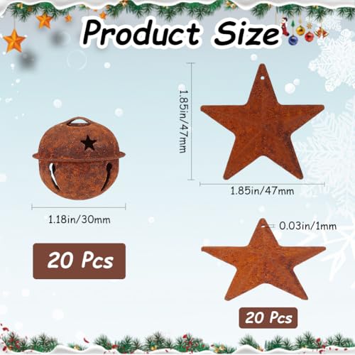 CREATCABIN 20 Pcs Rusty Metal Jingle Bells Vintage Rusty Bells 20 Pcs Rustic Metal Star Retro Tree Supplies Kit Crafts for Christmas Tree Wreath Holiday Home House Room Decoration 1.85x1.85 Inch - Image 2