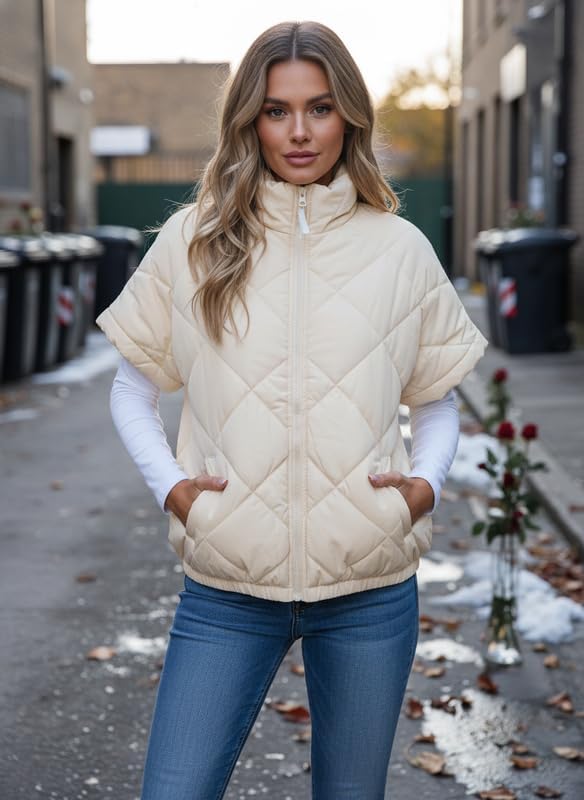 Women's Puffer Vest Short Sleeves Quilted Cropped Jackets Casual Lightweight Zip Up Warm Coat with Pockets