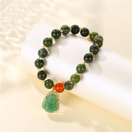 Colorful Bling Lucky Laughing Buddha Charm Pendant Strand Bracelet Jade Natural Stone Beaded Cubic Zirconia Elastic Stretch Bangle For Women Men Gemstone Amulet Protection Jewelry-Green #TOP1
