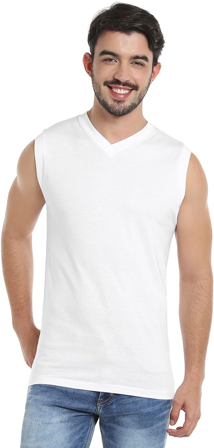 BYC MEN'S SLEEVELESS T-SHIRT (V-NECK)-WHITE (MEDIUM)