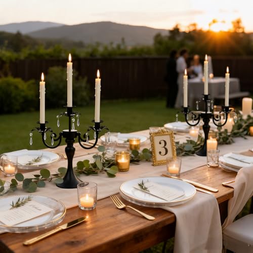 Image of Metal 3 Arm Candelabra with Crystal Pendants - 11.8 Inch Tall Candle Holders, Set of 6 - Elegant Taper Candlestick Stand for Wedding, Dining Table, Christmas Party Home Decoration (Black)