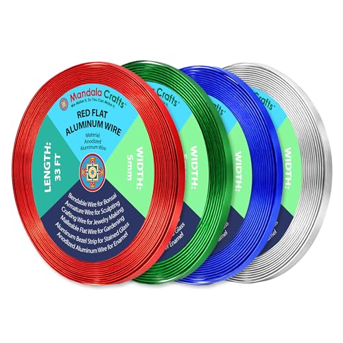 Image of Mandala Crafts 5mm Red Green Blue Silver Tone Flat Aluminum Crafting Wire | 132 FT, Anodized, Colored, Tarnish Resistant, Bendable, Flexible, for Jewelry Making, Bezel, Bonsai, Armature, Outdoor