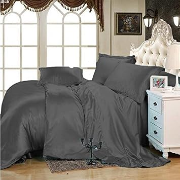 Eastern King Duvet Cover 100% Pure Silk Satin Eastern King 118x108 Comforter Cover All Season 3 Piece Dark Grey