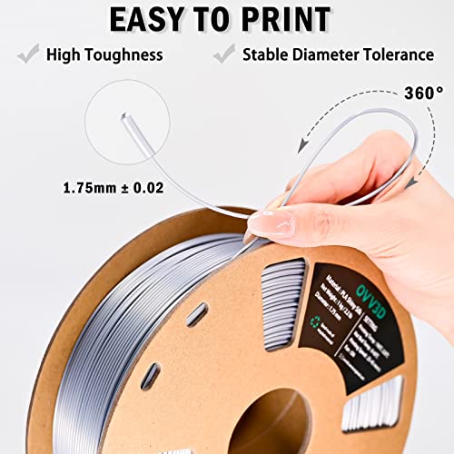 Image of OVV3D Silk Silver Filament PLA 1.75mm, Upgrade Silver Grey PLA 3D Printer Filament, Silk Silver Metal 3D Printing Filament, 3D Filament 1.75 + /- 0.02mm, Silk 1.75 PLA Filament for 3D Printer