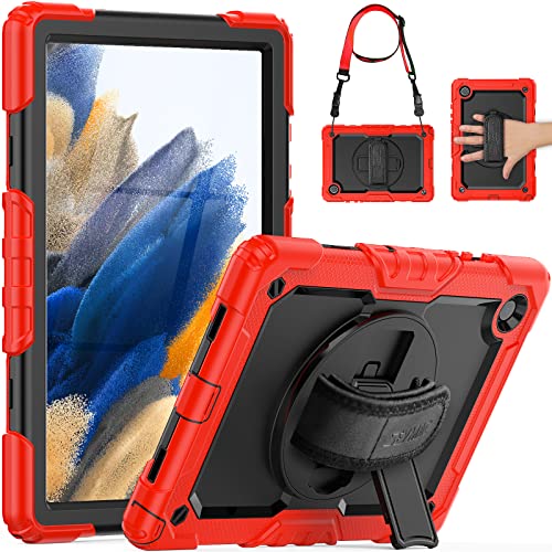 SEYMAC Kids Case for Samsung Galaxy Tab A8 10.5 Inch (SM-X200/ X205/ X207), Sturdy Heavy Duty Shockproof Protective Case with Screen Protector, Rotating Stand, Hand/Shoulder Strap, Pen Holder, Red
