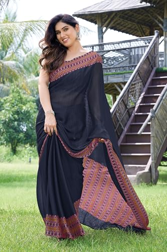 Image of MIRCHI FASHION Saree for Woman Chiffon Georgette Polka Dot Border | Plain Lightweight Women's Sari with Printed Pallu and Blouse Piece