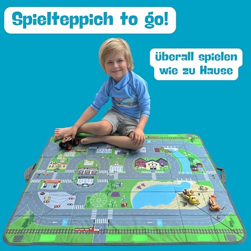 HECKBO 4-in-1 Auto Organizer und Spielteppich - Kinder Spielzeug-Aufbewahrungsbox - Faltbare Spielmatte mit Straßenmotiv - Sichere Befestigung im Auto, 91cm x 72cm