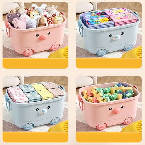 Image of Baby Bucket Multi-Use Utility Plastic Portable Container Storage Box with Wheels-(46 x 35 x 23 cm) - Blue Bear