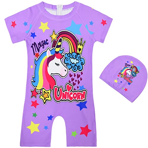 JXLBYMX Girls Swimsuit One Piece Swimsuit + Hat Beach Clothes Fashion Cartoon Purple Red 3-10 Years