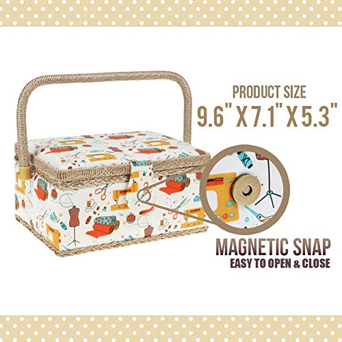 Medium Sewing Basket Sewing Storage And Organizer With Complete Mini Sewing Kit Accessories Included, Wooden Sewing Box Kit With Removable Tray And Tomato Pincushion For Sewing Mending, White #TOP5