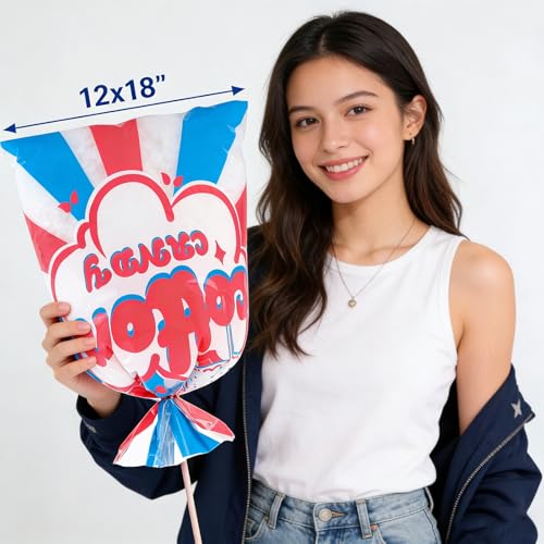Image of 50 Pcs Cotton Candy Bags with Ties, 12 x 18 Inch Clear Printed OPP Bags for Large Fluffy Cotton Candy, Carnivals, Circus, Birthday Parties & Concession Stand Supplies