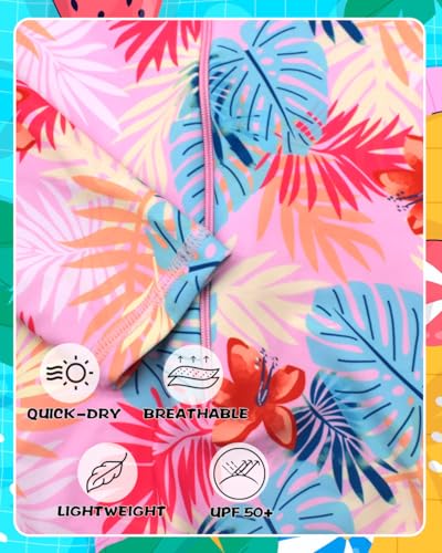 Image of Kids Girls Rash Guard Long Sleeve One Piece Swimsuits Zipper Bathing Suits UPF 50+ Tropical Plant Flowers Ages 3-12