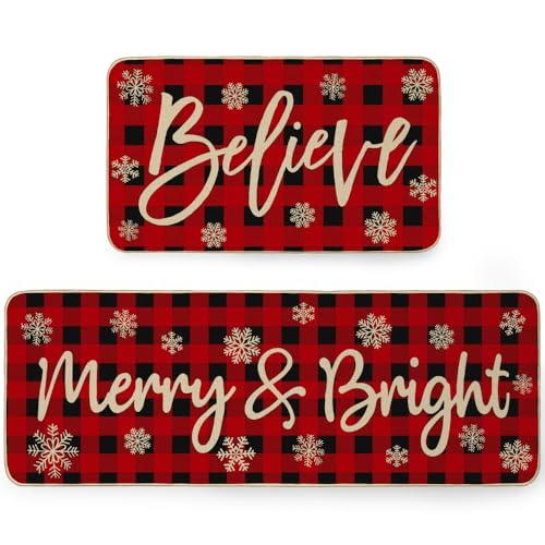 ARKENY Xmas Kitchen Mats Set of 2, Non-Slip Absorbent Snowflakes Decorative Floor Mat,Merry Christmas Home Kitchen Door Mats 17x29 and 17x47 Inch AKM007