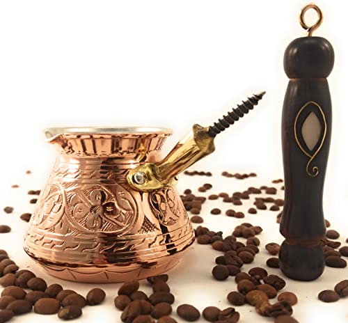 The Silk Road Trade - Aci Series (Small) - Thickest Solid Engraved Copper Turkish Greek Arabic Coffee Pot / Stovetop Coffee Maker, Jazzve, Cezve Ibrik, Briki, Café Turco With Wooden Handle (9 Fl Oz) #TOP3