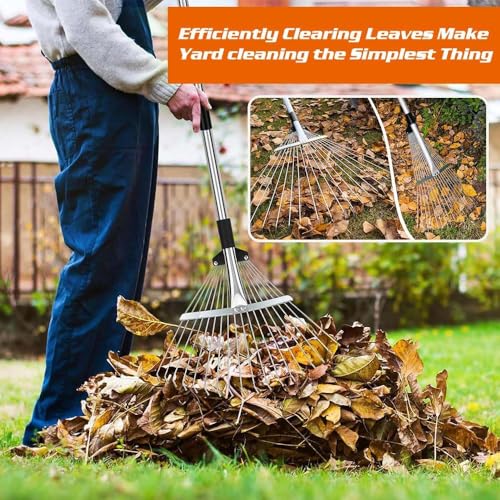 Verbreiterter Laubrechen 22-44cm,Gartenrechen mit 2.15M Verstellbare Metallstange und Handschuhe,Laubbesen,Fächerbesen Metall,Laubfächer,Rasenrechen für Reinigen von Pflanzen, Rasen und Hof