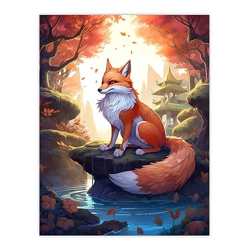 Artery8 Kitsune Fox Spirit Painting Orange Green Blue Digital Art Conceptual Depiction Mythical Creature in Autumn Forest Landscape with Temple Unframed Wall Art Print Poster Home Decor Premium