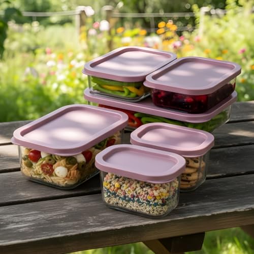 Image of Femora Borosilicate Glass Food Storage Containers with Lids Set of 6 (310ml x2, 520ml x2, 750ml, 1200ml | Rectangular, Airtight & Leakproof | Microwave & Dishwasher Safe | Maroon