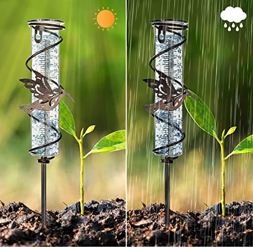 Foto von Udbrud Outdoor-Regenmesser, 7-Zoll-Glas-Regenmesser mit Klarer Skala Abnehmbarer Regenmesser mit Metallpflock für Garten, Rasen, Terrasse, Wegelandschaft, Kolibri-Spiral-Regenmesser