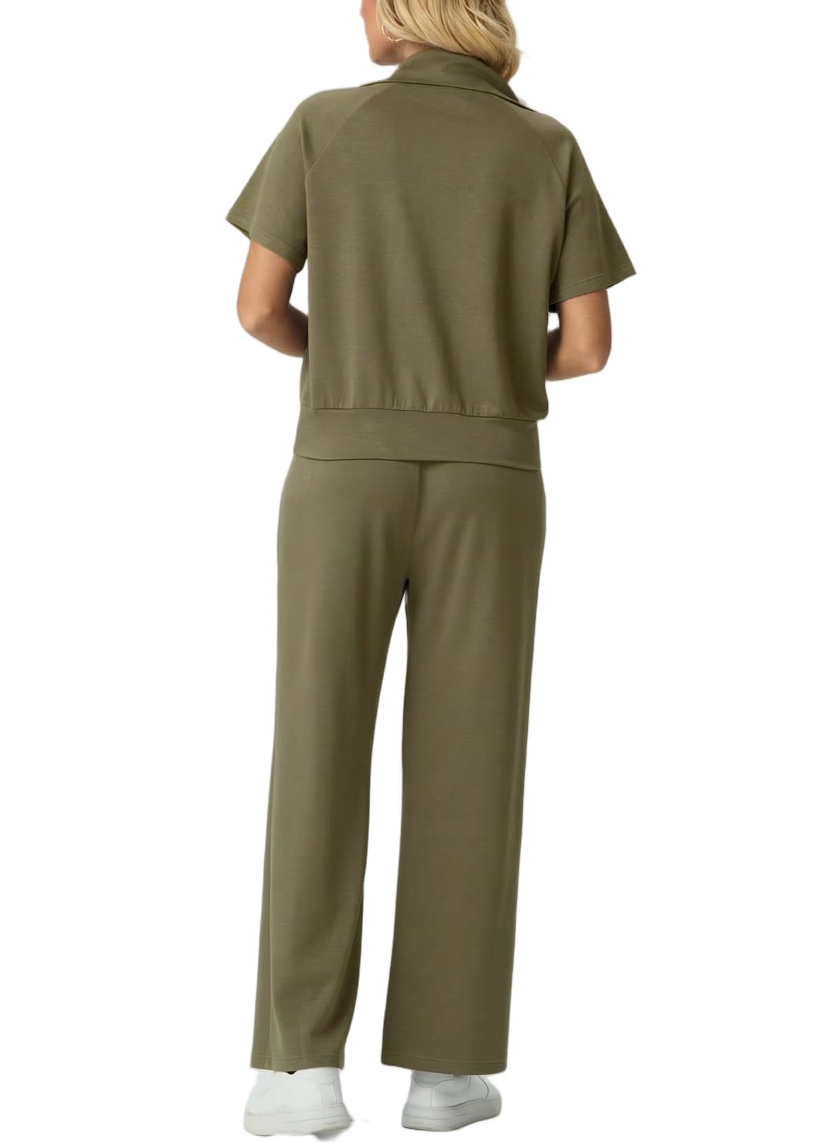 GRECERELLE Survêtement d'été 2 pièces pour femme - Manches courtes - Demi-fermeture éclair - Pull décontracté et pantalon de jogging avec poches