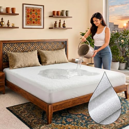 Image of Lithara Terry Cotton Fitted Mattress Protector for Single Bed | Waterproof & Elastic Band | Ultra Soft & Hypoallergenic Mattress Cover | Size : 30 x 72 Inches (2.5 x 6 Feet) | (Pearl White)