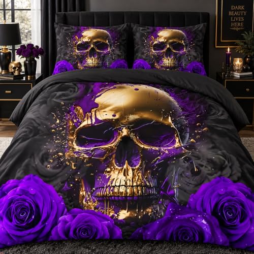 Holiyjog Golden Skull and Purple Roses Queen Size Duvet Cover Set Flowers Comforter-Cover and Pillowcases Black Background Gothic and Florals Print Bedding Set Bedroom Decor
