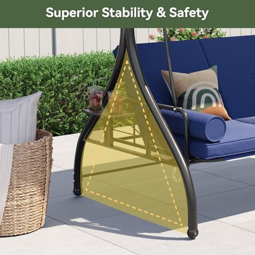 Aoxun Outdoor Porch Swing with Stand and Canopy, 3 Seats Outdoor Swings for Adults, Convertible 2 in 1 Swing Bed with Cup Holder, Patio Swings with Thicken Cushions for Garden, Yard & Balcony, Blue — view 6