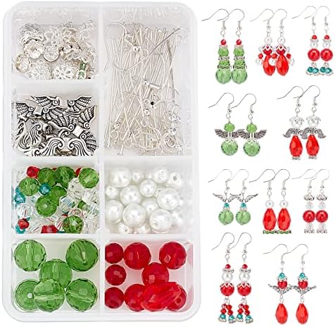 SUNNYCLUE 1 Box DIY Make 8 Pairs Christmas Crystal Bead Dangle Earring Making Kits White Snowman Red Angel Glass Bead Xmas Tree Dangle Earrings Jewelry Making Supplies for Women Beginners