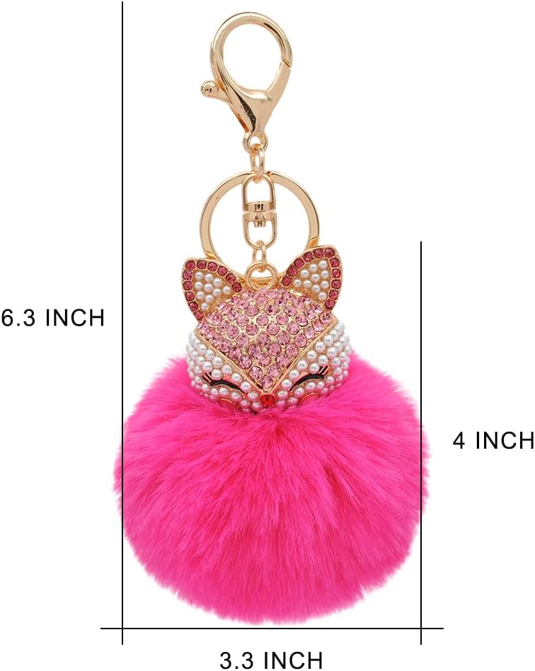 Faux Rabbit Fur Ball Pom Pom Keychain with Fox Head Studded with pearl Rhinestone for Womens Bag Car Key Decoration